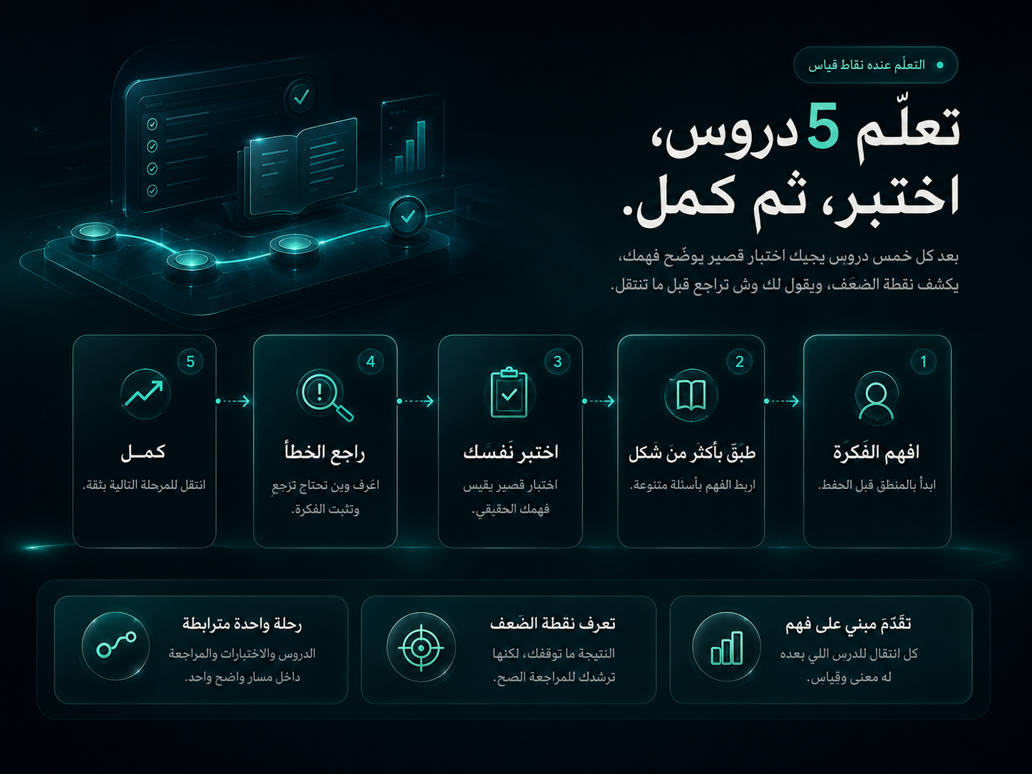 نظام التعلم في كميار: افهم الفكرة، طبّق بأكثر من شكل، اختبر نفسك، راجع الخطأ ثم كمل.